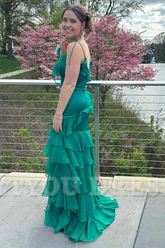 Sheath V-Neck Ruffle Emerald Green Long formal dresses evening gown Prom Dress with Slit